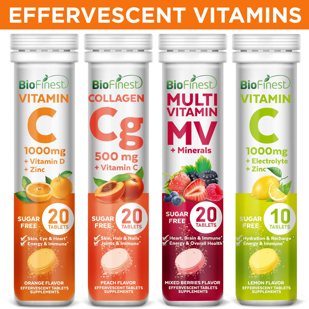 Biofinest Effervescent Vitamin C 1000mg D3 Zinc Collagen Multivitamin Calcium Magnesium Zinc Tablets Drink Sugar Free