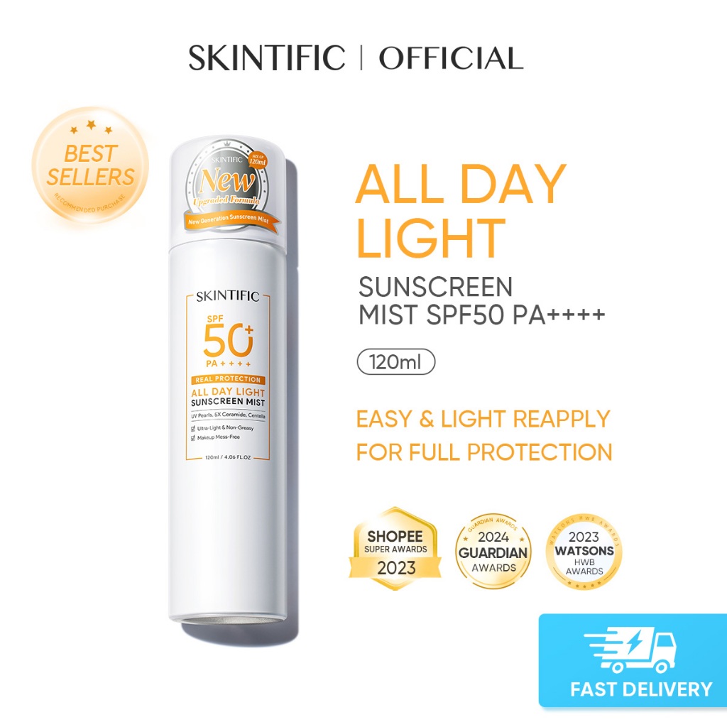 [Best Seller] SKINTIFIC All Day High Sun Light Sunscreen Mist SPF50 PA++++ Facial Sunblock Face Sunscreen Spray Anti UV