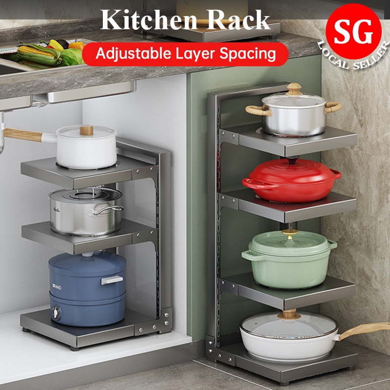 【SG stock】Adjustable Pot Rack Pot Organiser Under Sink Kitchen Sink Organiser Kitchen Pot Pan Rack Steel Pot Holder