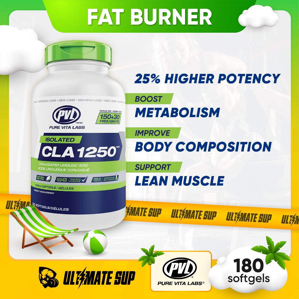 PVL Isolated CLA 1250, Fat Burner & Metabolism Booster, Weight Loss Supplement, Lean Muscle, 180 Softgels