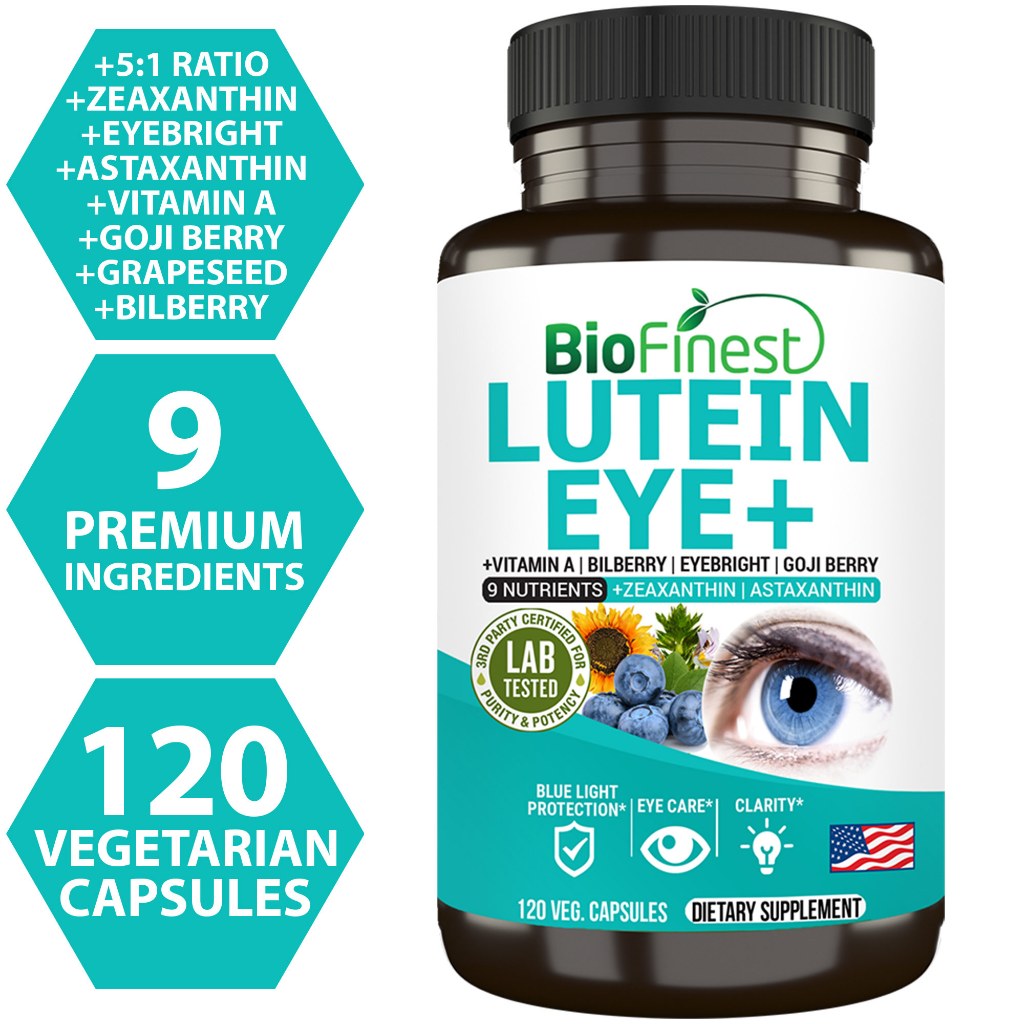 Biofinest Lutein Eye+ Vitamin - 9 in 1 Zeaxanthin Eyebright Bilberry Supplement Retina Eye Lens Health Night Vision 120s