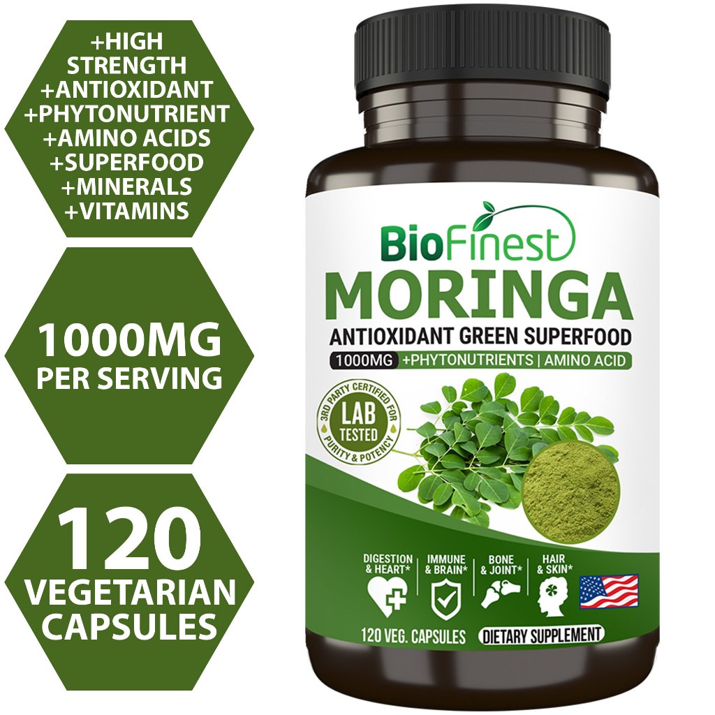 Biofinest Moringa Leaf 1000mg Supplement - Antioxidant Superfood Powder- Energy Skin Blood Sugar Immune (120 capsules)