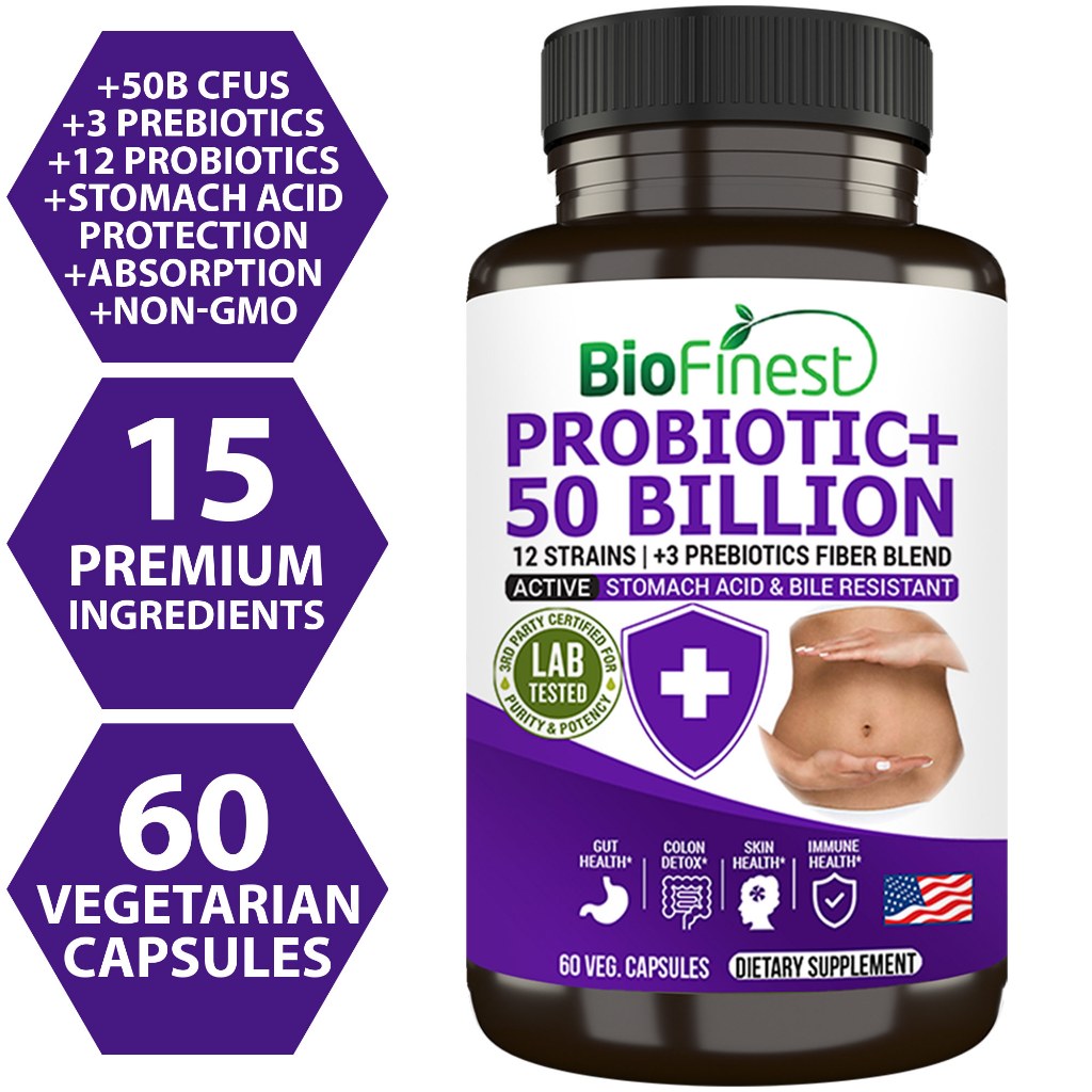 Biofinest Probiotic 50 Billion CFU Enzyme Supplement 12 + 3 Prebiotics - Diet Slimming Eczema Detox Men Women (60 caps)