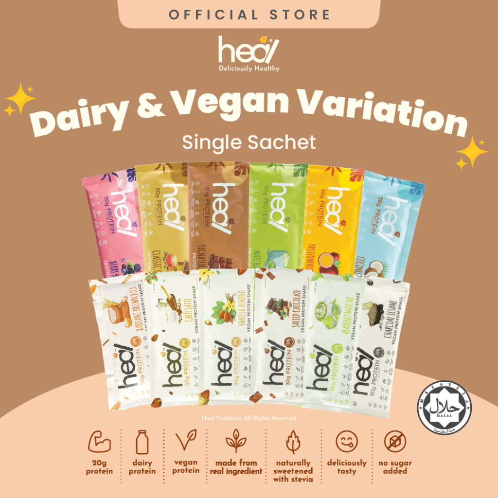 Heal Protein Shake Powder Whey Protein/Pea Protein (Bundle of 3 Sachets) | High Protein, No Sugar, HALAL
