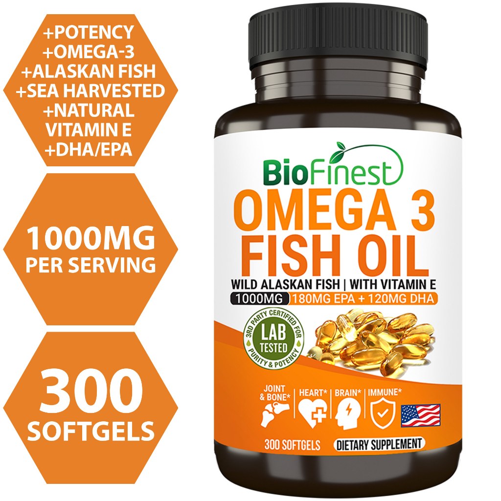 Biofinest Omega 3 Fish Oil 1000mg - Wild Alaskan Fish Natural Vitamin E Omega 3 EPA DHA - Heart Brain (300 Softgels)