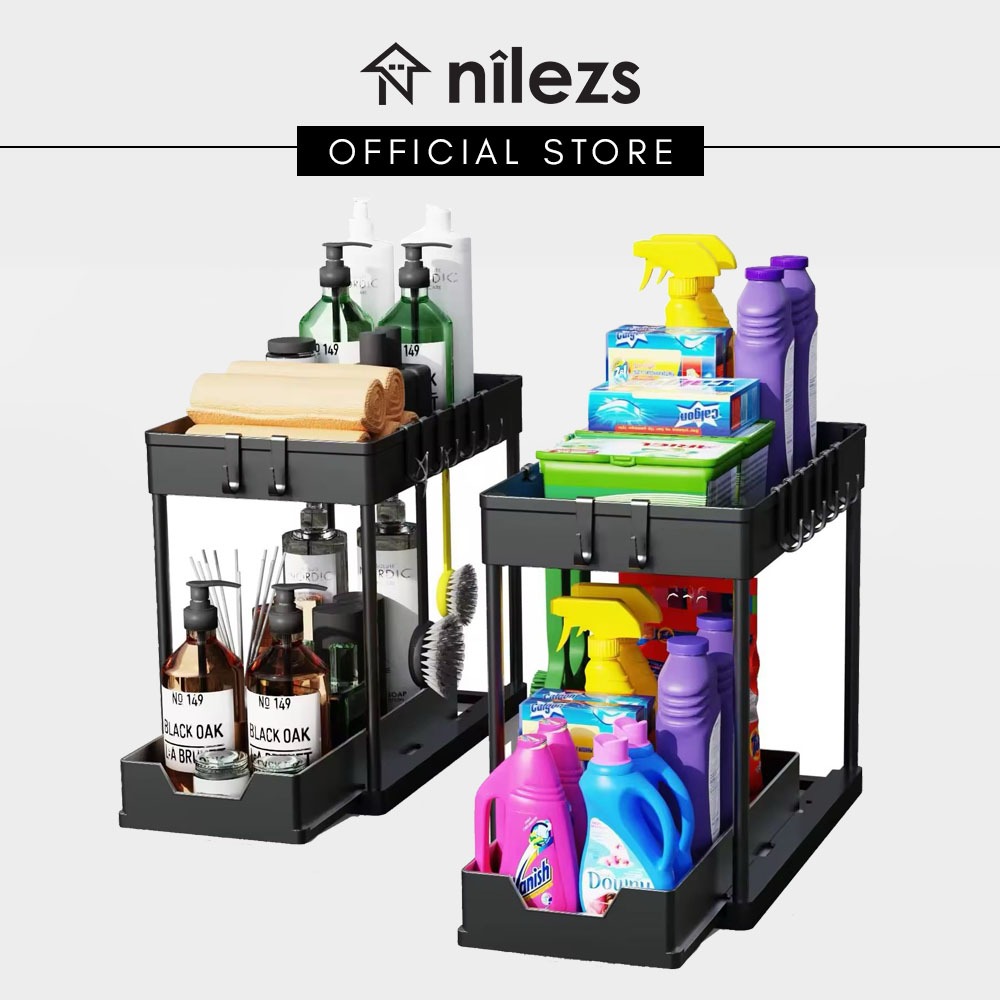 2 Layer Undersink Storage Rack with Bottom Pull Out Drawer, Kitchen Bathroom Storage Under Sink Organizer with Hooks