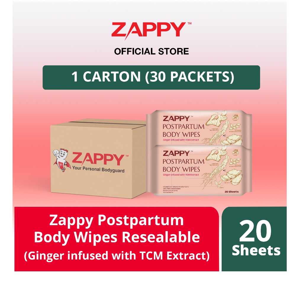 Zappy Postpartum Body Wipes 20 Sheets Resealable (Ginger infused with TCM Extract)