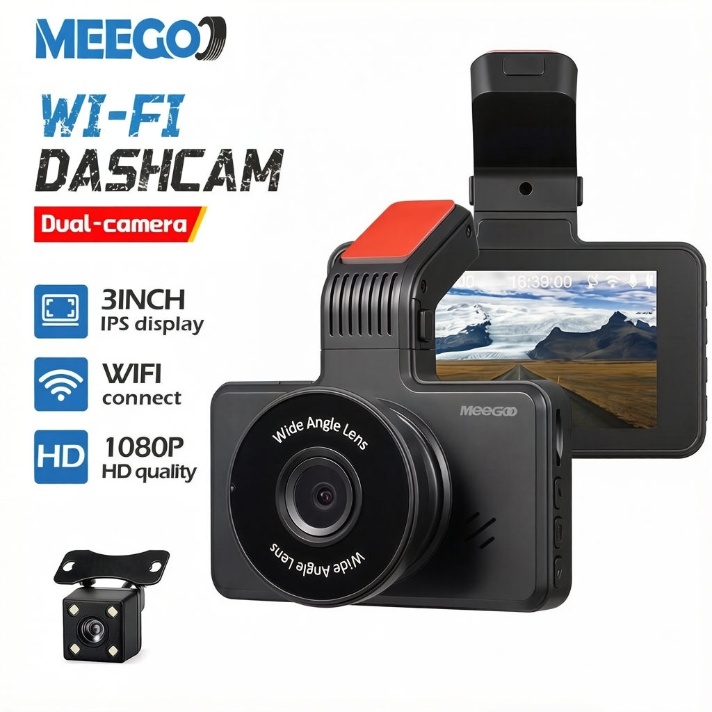 MeeGoo 3Inch WIFI Dash Cam 170° Wide-Angle Dual Len Night Vision Car Camera Loop Recording Motion Detection G Sensor