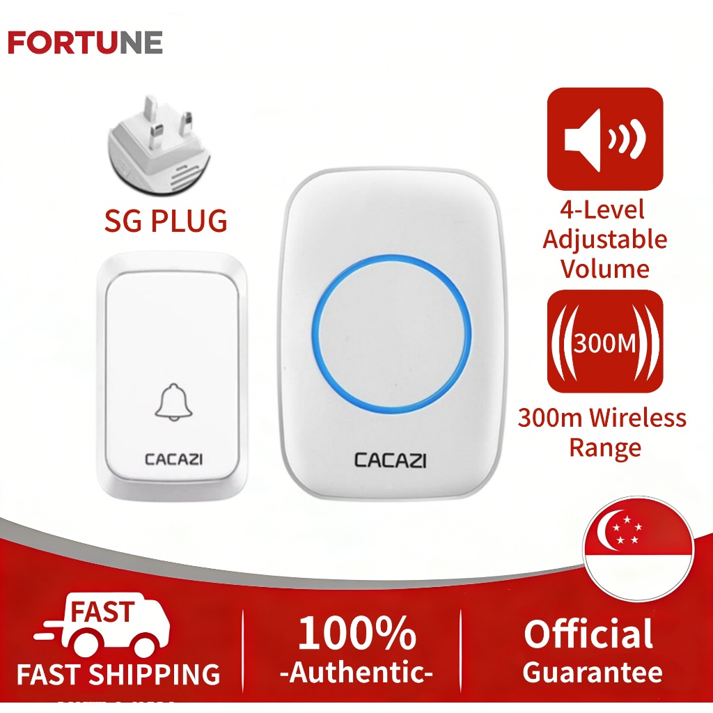 CACAZI Wireless Doorbell Waterproof 300M Range Door Bells 60 Songs Chime Door Ring SG PLUG