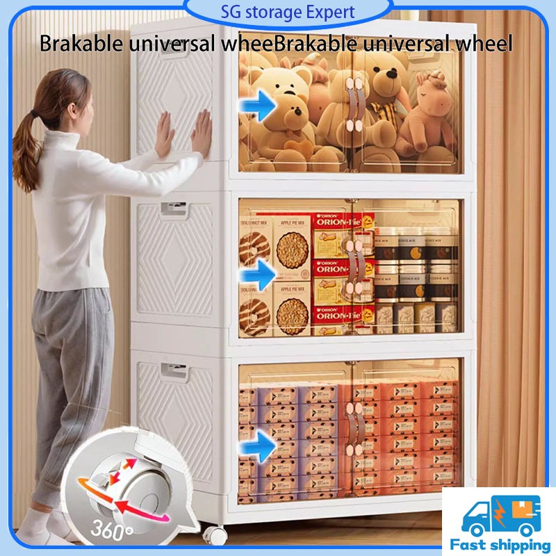 【Singapore Spot】Foldable Storage Cabinet Transparent Style Transparent Organizer for Household Clothing and Snack Storag