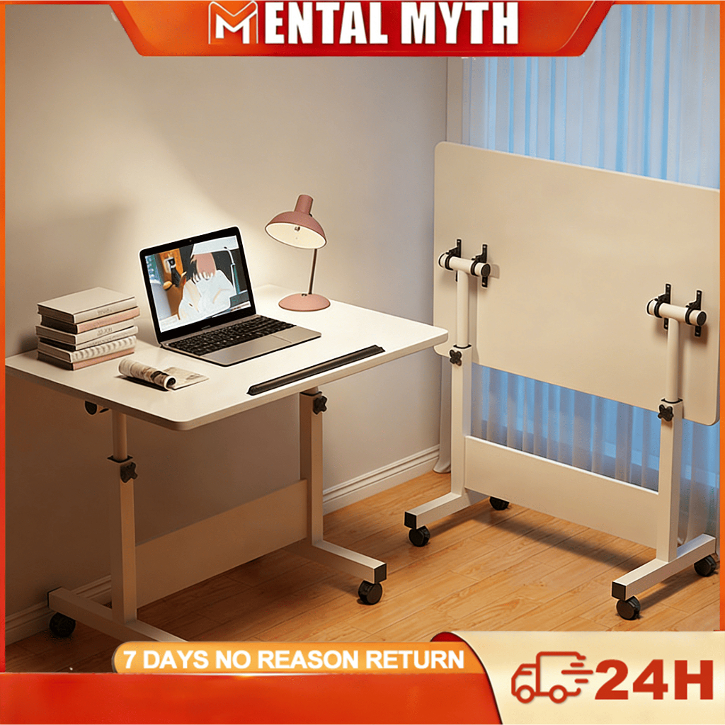 M&M Space Saving Adjustable Foldable Desk with Wheels Portable Study Table Side Table for Bedroom Office Small Home