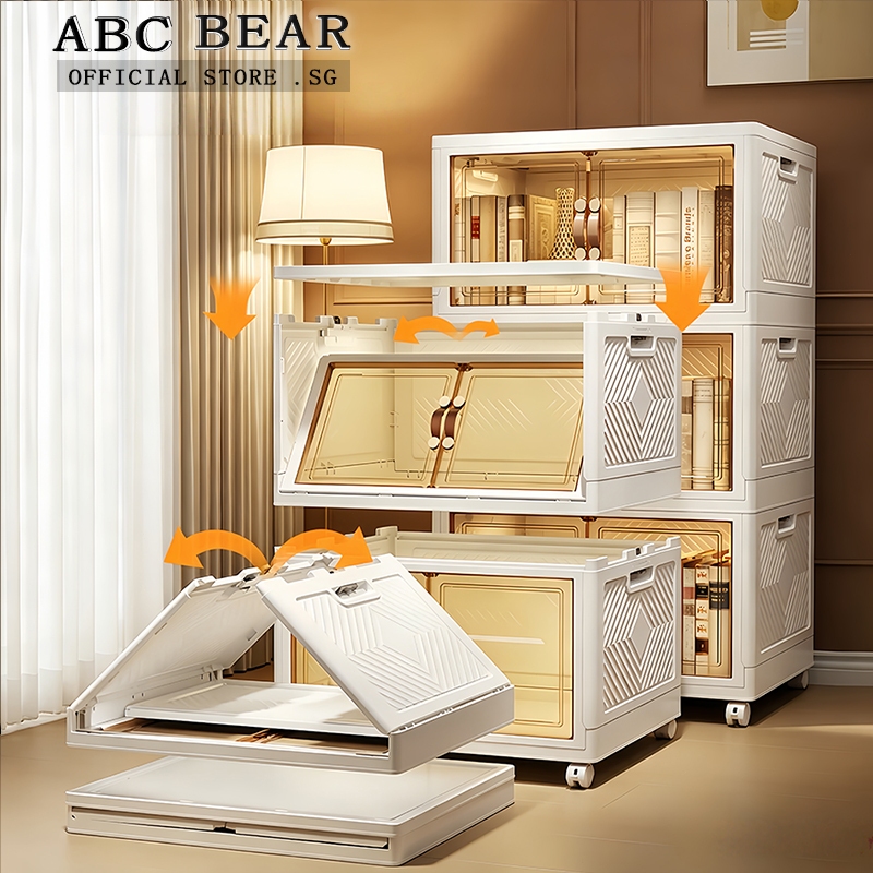 【SG Stock】Folding Storage Box Cupboards Cabinets Transparent Double Door Foldable Home Clothes Snacks Storage Cabinet