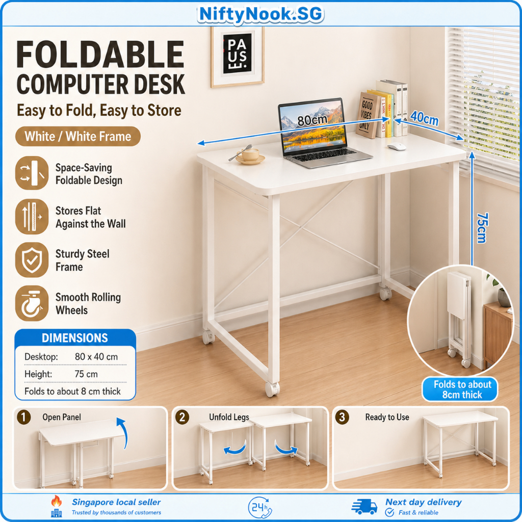 [SG seller] STOCK 60/80/100cm Foldable Table Lockable Wheels Versatile Study Desk Movable Laptop