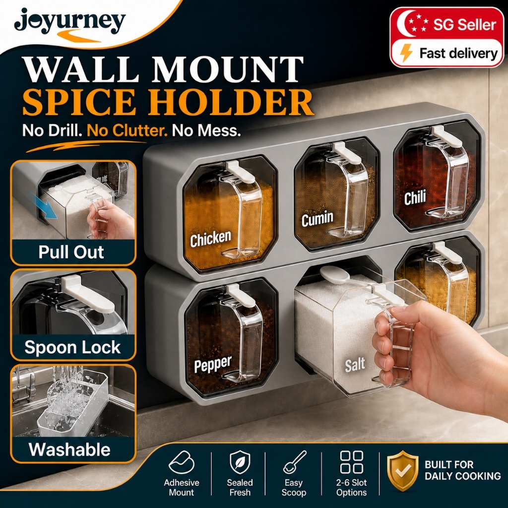 Joyurney Wall Mount Spice Condiments Holder with Spoon Organizer Seasoning Jar Rack Pull Out Kitchen