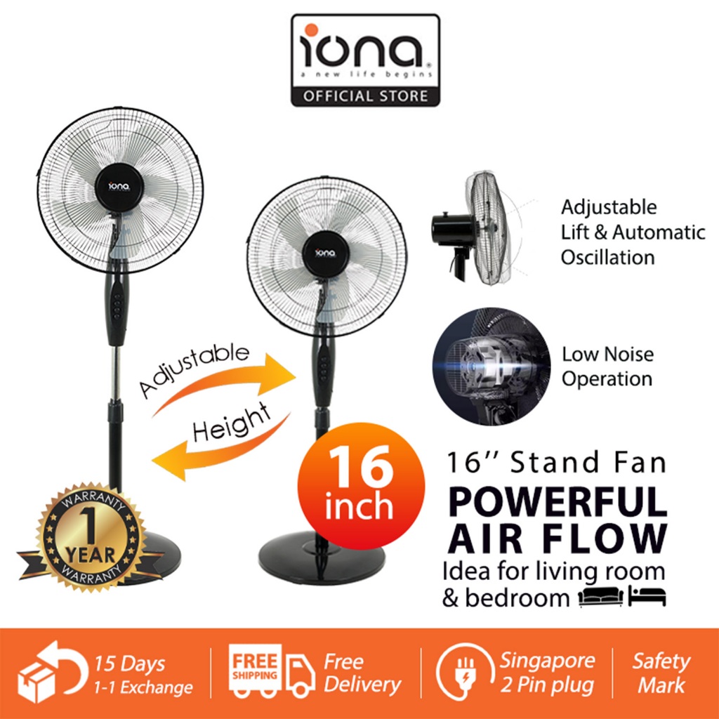 IONA 16 Inch 5 Blade Blades Black Stand Standing Fan | Electric Cooling Fans | 风扇 風扇 家用 - GLSF1601