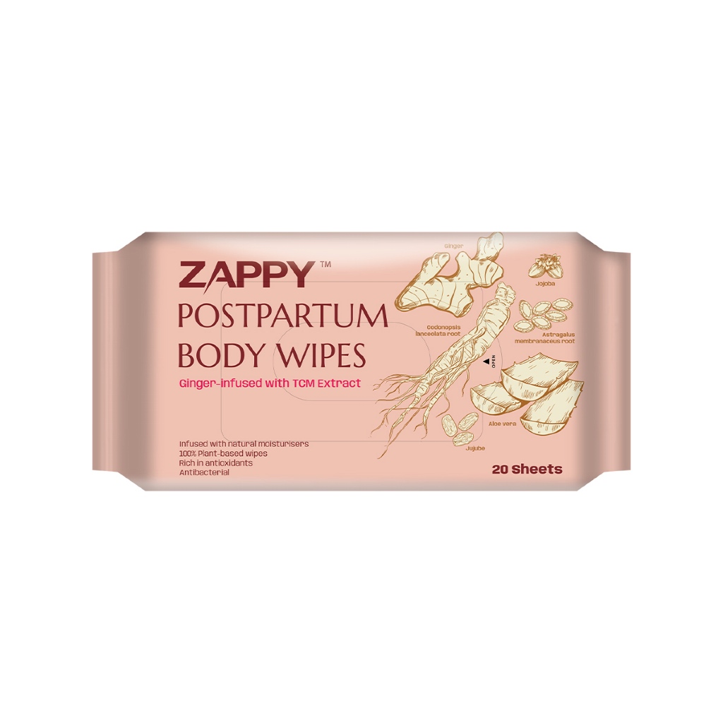 Zappy Postpartum Body Wipes 20 Sheets Resealable (Ginger infused with TCM Extract)