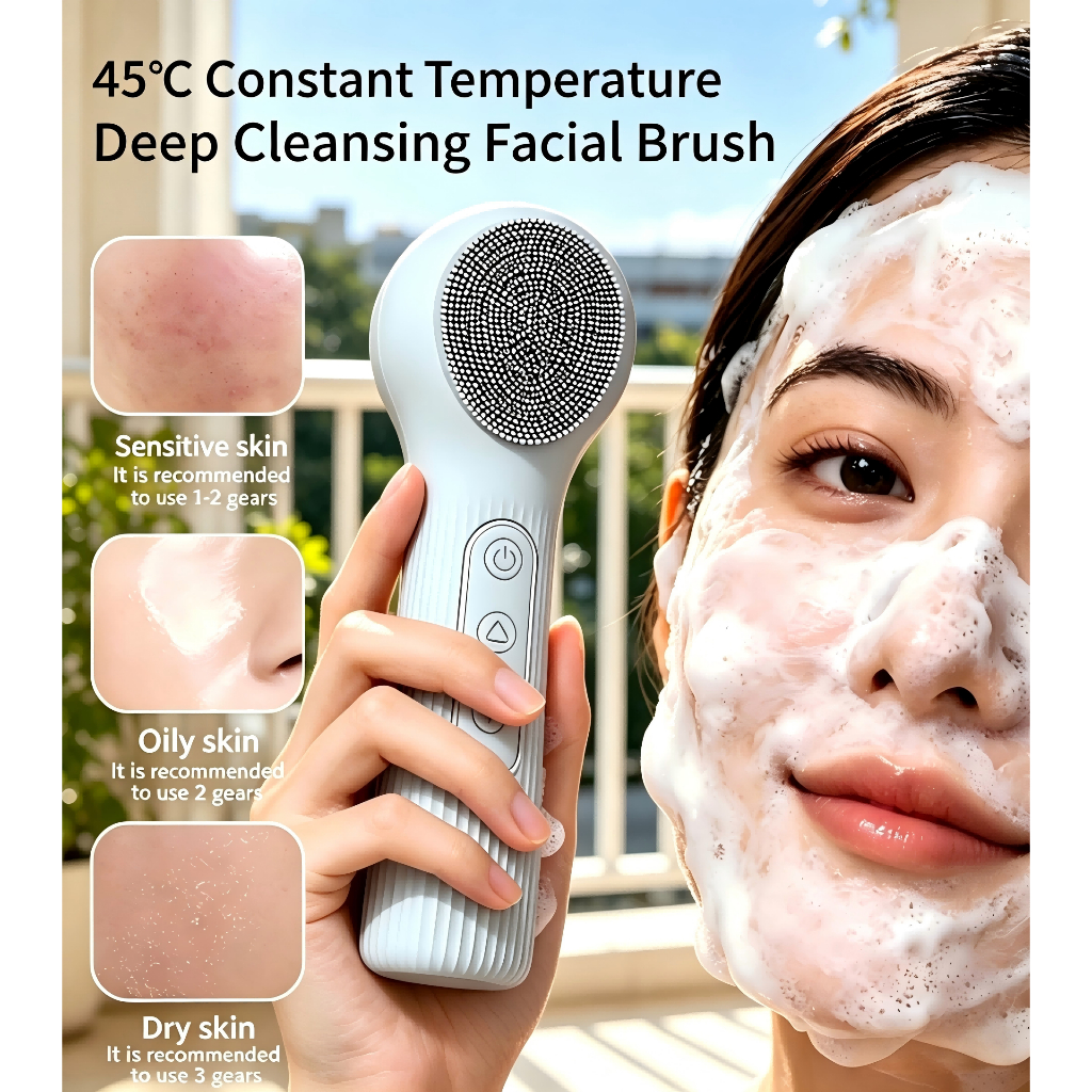 45℃ Constant Temperature Deep Cleansing Facial Brush，Waterproof , 3 Modes, Magnetic Rechargeable,Deep Cleaning& Massage