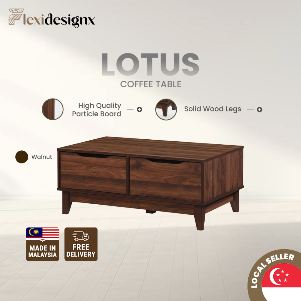 Flexidesignx LOTUS Coffee Table Walnut 2 Drawer, Table Living Room Furniture