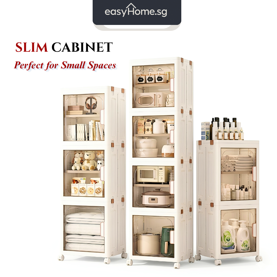 Easyhome.sg Foldable Slim Cabinet | Plastic Storage Drawer Cabinet | Narrow Gap Shelf Rack | Kitchen Bathroom Organizer