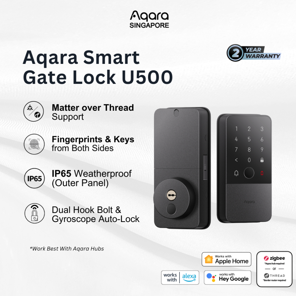 Aqara Smart Gate Lock U500 - Thread support, Apple Home & Google Home Compatible, Black, Smart Digital Gate Lock