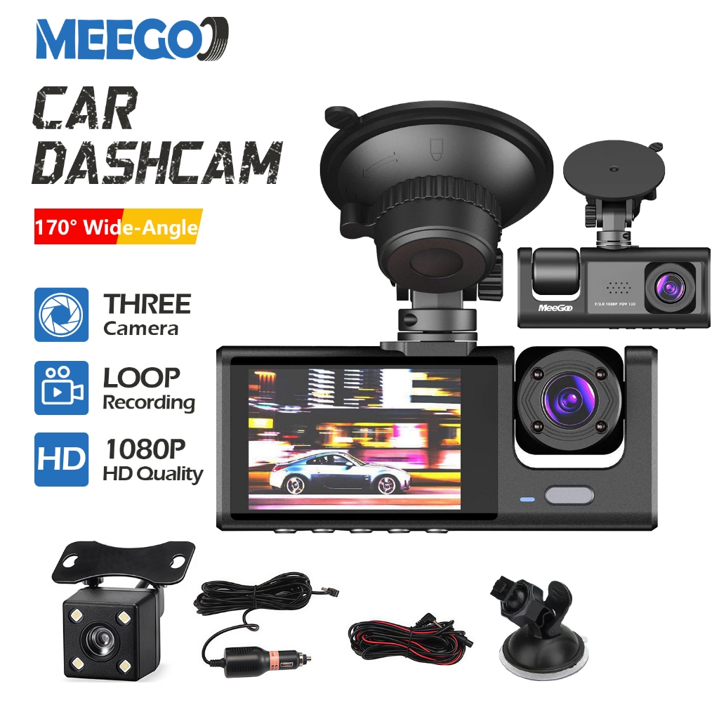 MeeGoo 2Inch Car Camera 170° Wide-Angle Night Vision 3Lens Dash Cam 1080P Loop Recording/Motion Detection/Gravity Sensor