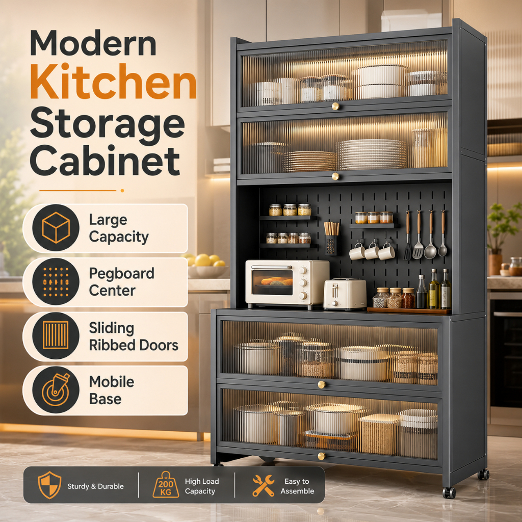 Kitchen Cabinet Microwave and Oven Storage Rack 5/6 Tiers Kitchen Shelf Dust-proof Cabinet with Doors