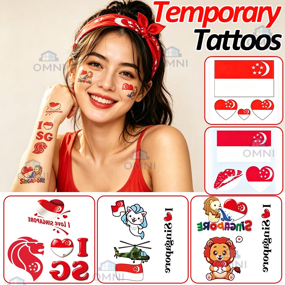 🚩2026 Singapore Flag Temp Tattoo Stickers 100pcs 80x80mm NDP 61th National Day Face Decor Waterproof SG