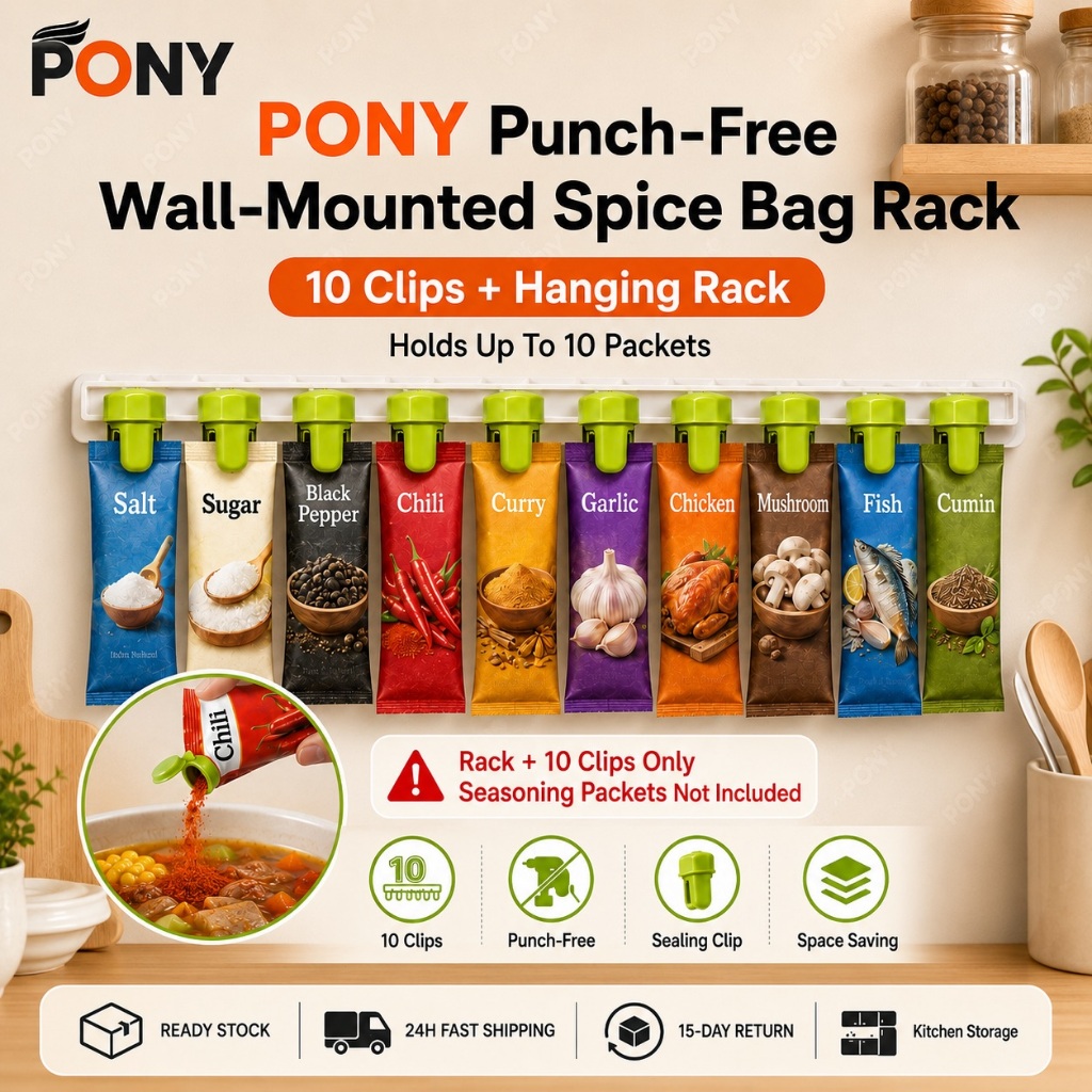 [READY STOCK] PONY 10 Clips Spice Bag Holder with Hanging Rack Wall Mounted Kitchen Organizer