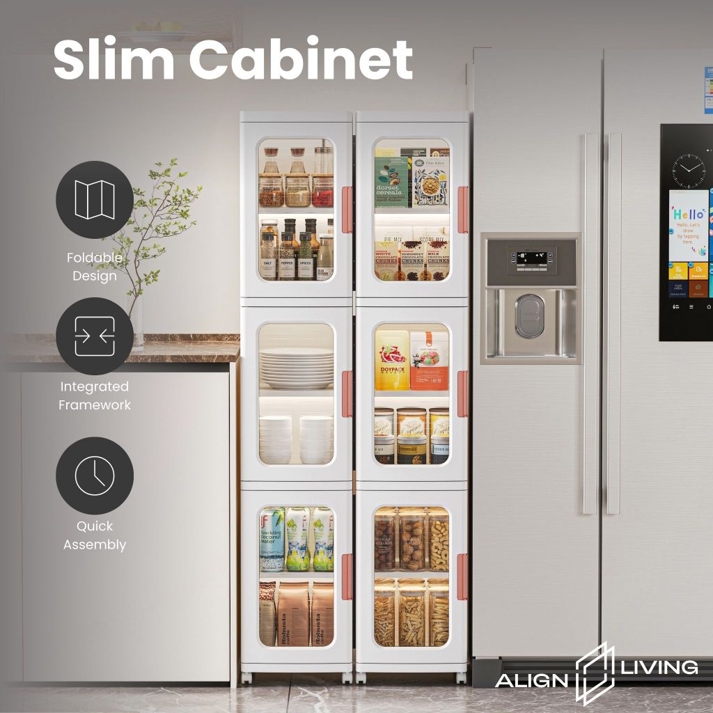 [SG STOCK] Align Living Slim Modular Storage Cabinet with Magnetic Casement Doors & Wheels