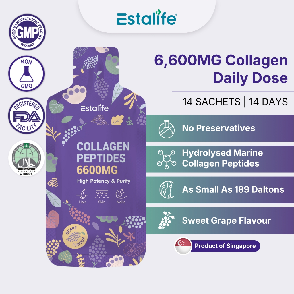 Estalife Collagen Peptides 6600MG | Vit C + Whitening Glutathione | Grape | Hydrolysed Marine 胶原蛋白