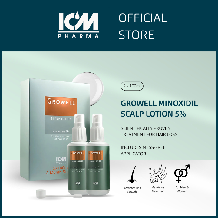 Growell Scalp Lotion 5% Minoxidil 2x100ml (3 Mths Supply)–Hair Loss Treatment, Anti Hair Fall, Stimulates Hair Regrowth