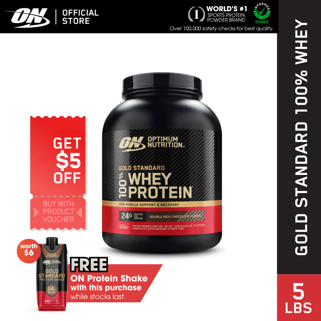 Optimum Nutrition Gold Standard 100% Whey Protein, 5 LBs | Double Rich Chocolate | Primary Source Isolate