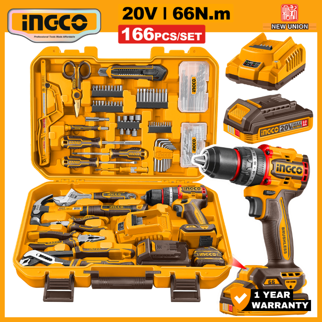 INGCO 20V 66NM CORDLESS IMPACT DRILL SET | 166 ACCESSORIES | HKTHP41662
