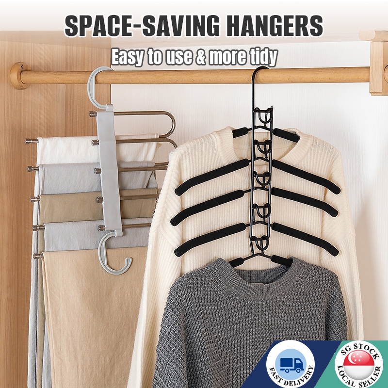 【SG stock】Space-saving hanger, Anti Slip Hanger,Stainless steel 5-layer clothes rack, Magic Hangers,Pants Hang