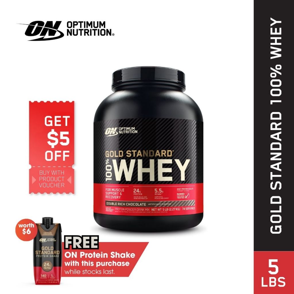Optimum Nutrition Gold Standard 100% Whey Protein, 5 LBs | Double Rich Chocolate | Primary Source Isolate