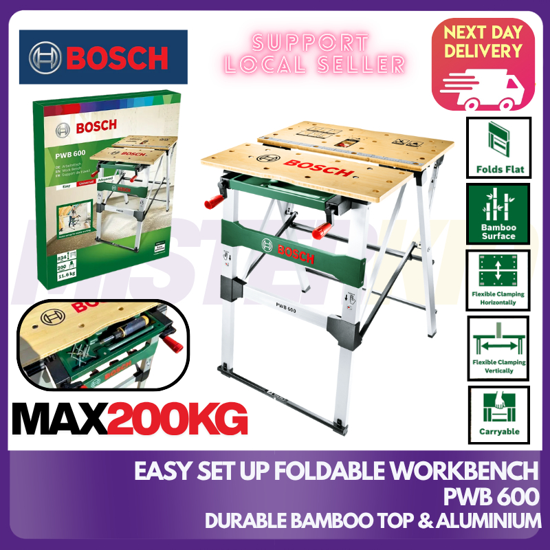 BOSCH PWB 600, Light & Quick Foldable Workbench With Durable Waterproof Bamboo Top, Scratch Resistance, Hold up to 200KG