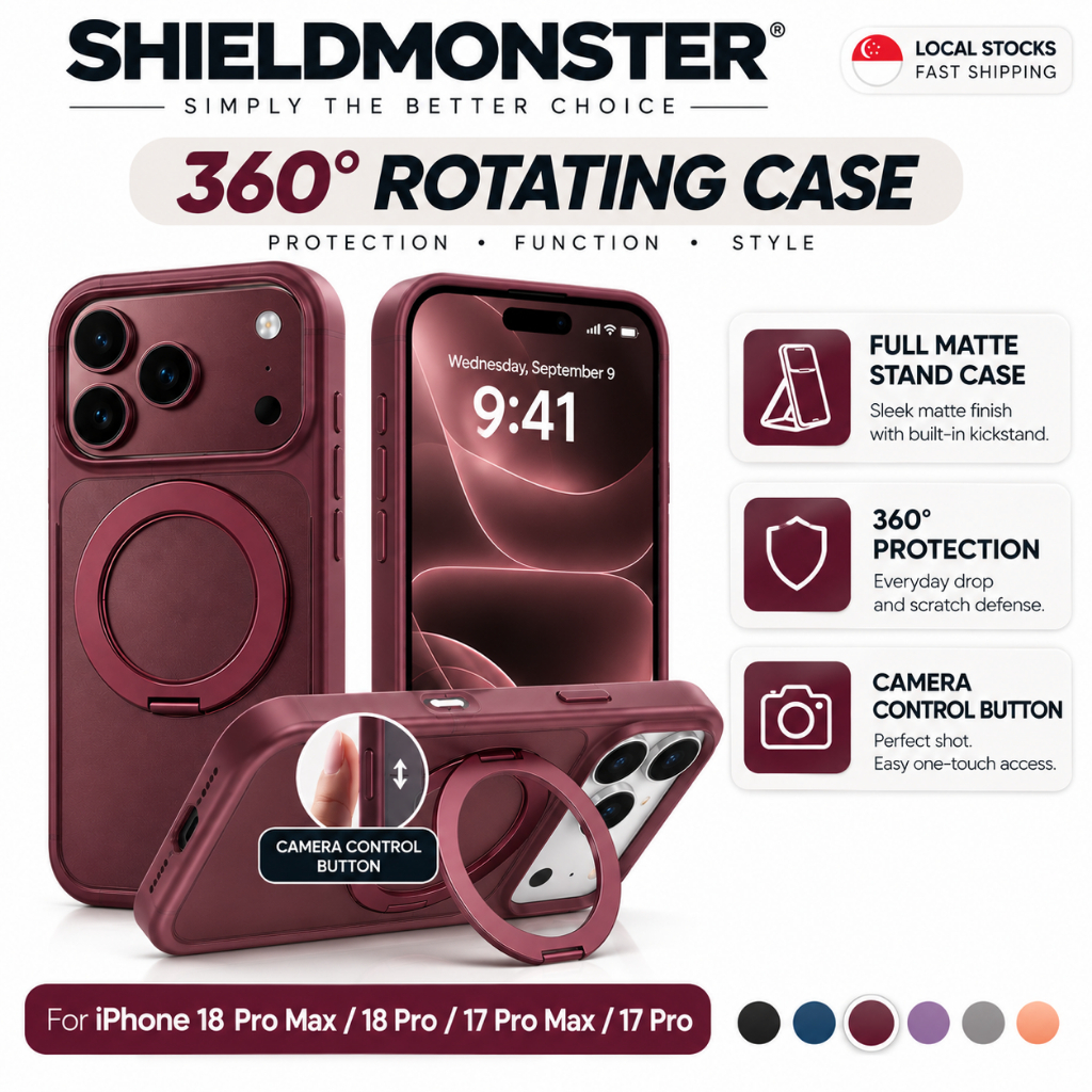 Shieldmonster iPhone Case 360° 18 Pro Max/17e/16/15/14 Rotate Magnetic Ring Holder Wireless Charging Phone Cover Casing
