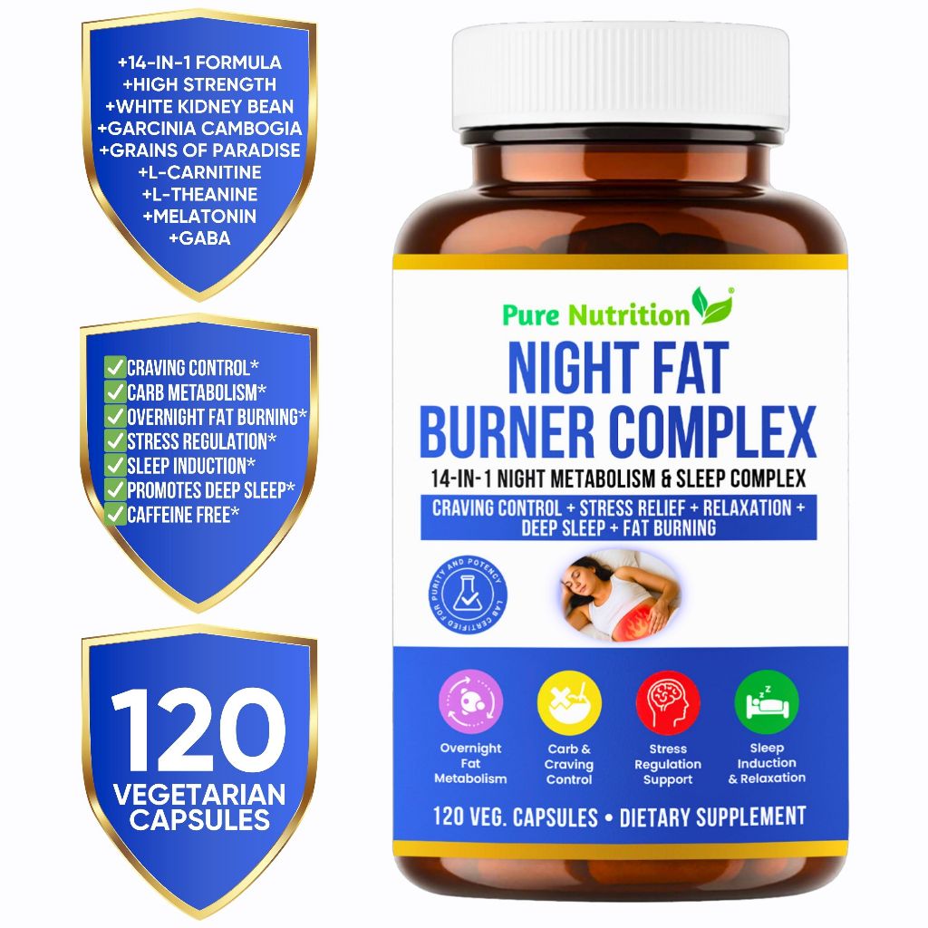 Pure Nutrition® Night Fat Burner Sleep Support, Fat Burning, Cravings Control, Metabolism Support, Melatonin, GABA
