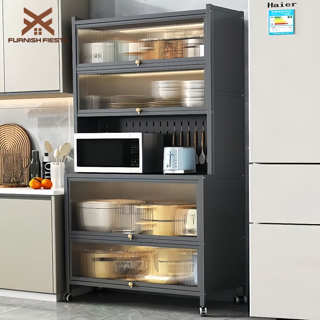 Kitchen Cabinet Microwave and Oven Storage Rack 5/6 Tiers Kitchen Shelf Dust-proof Cabinet with Doors