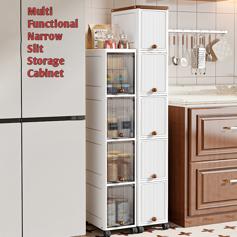 Slit Storage Cabinet 20cm Multi-function Bathroom Flip Cover Household Slim Narrow Edge Kitchen Side Cabinet with Wheel