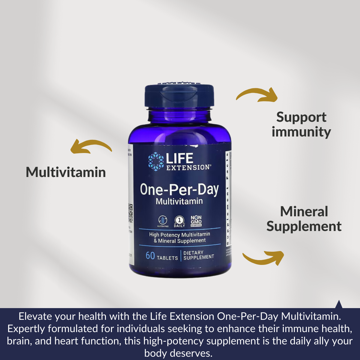 Life Extension, One-Per-Day Multivitamin, Support Immunity, Mineral Supplement, Gluten Free, Non GMO, 60 Tablets - Features