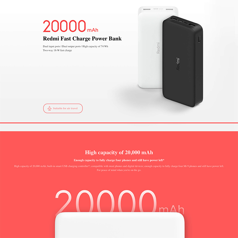 Xiaomi 20000mAh Redmi Power Bank 74Wh 18W 3.6A Rapid Charging Dual USB  Outputs for Two Devices at Once, microUSB & USB-C Input, Portable Travel