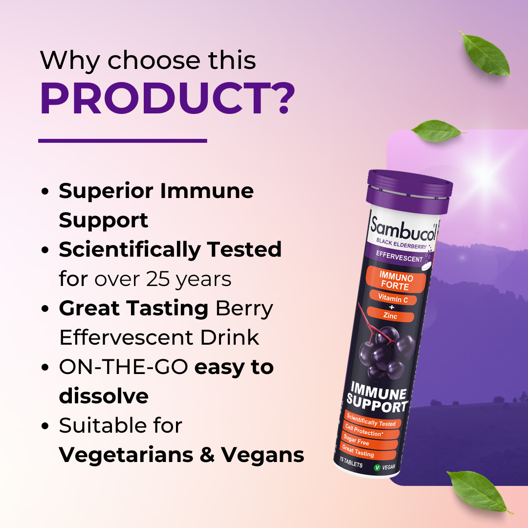 Why Choose Sambucol Immuno Forte Effervescent, PLUS Vitamin C + Zinc, Immune Support, 15 Tablets