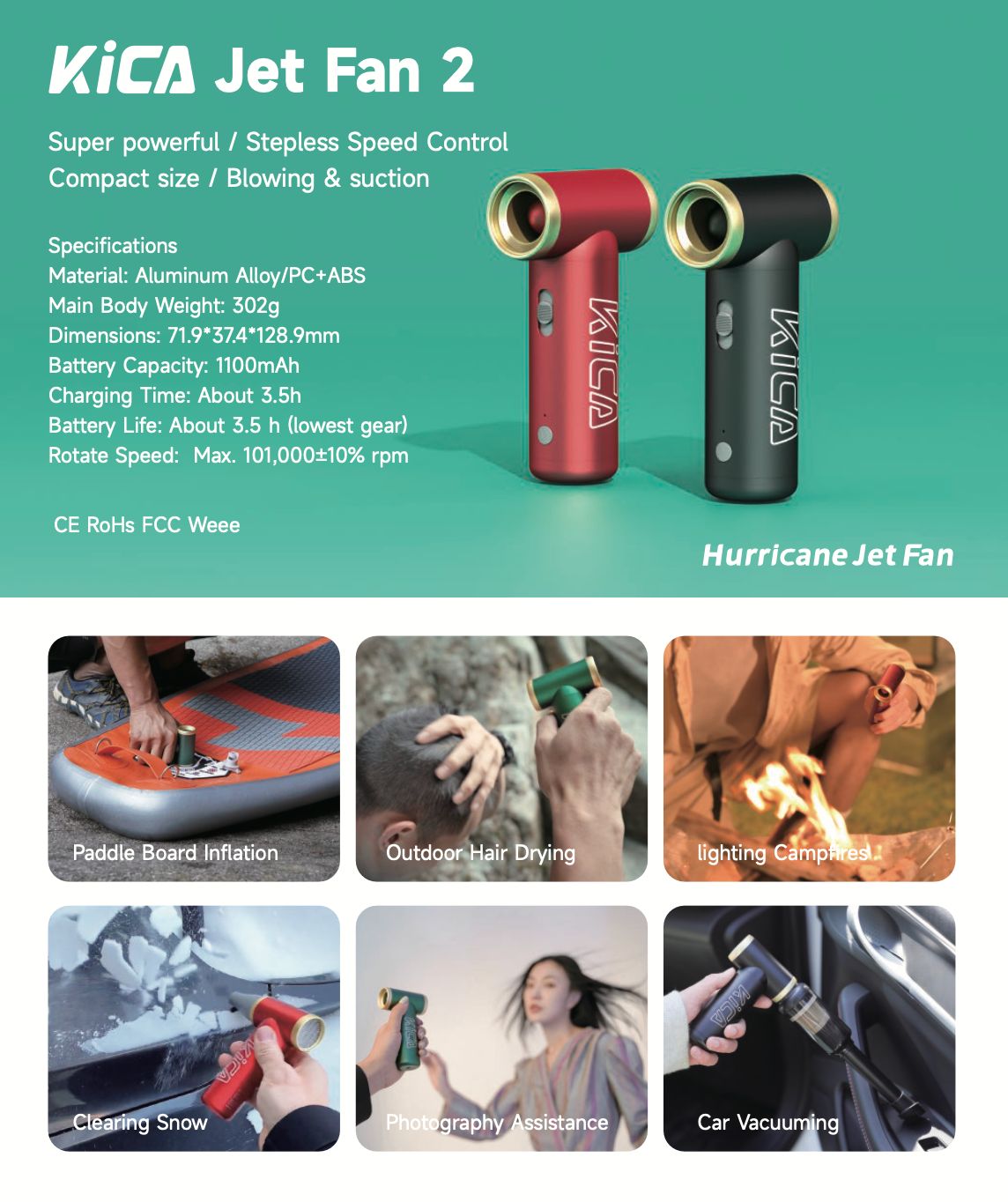Kica JetFan Mini : Ventilateur Portable Rechargeable USB 3000 MAh, 14h D'autonomie, 3 Vitesses, Pour Bureau, Voyage, Camping - Bleu