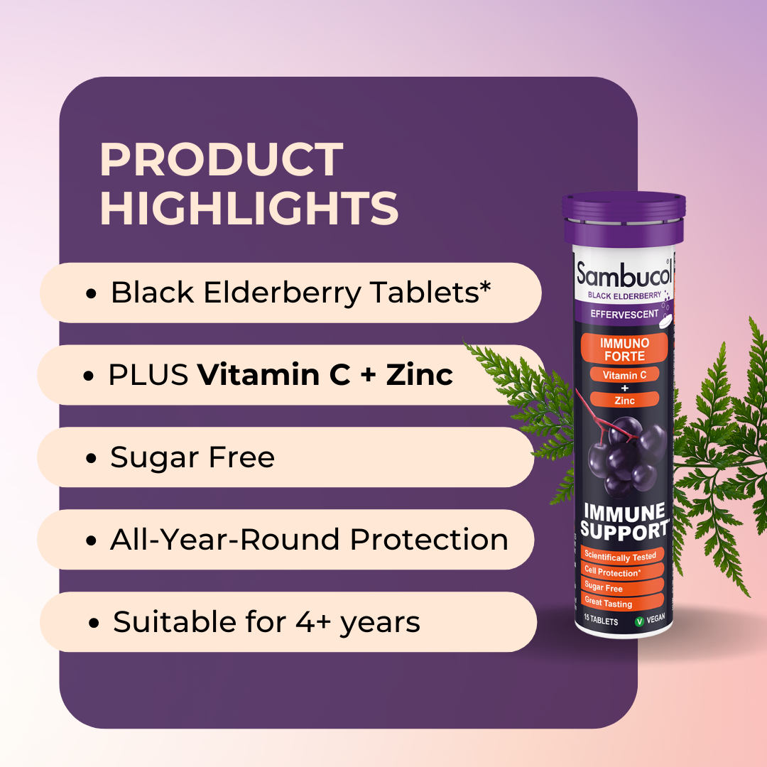 Sambucol Immuno Forte Effervescent, PLUS Vitamin C + Zinc, Immune Support, 15 Tablets, Product Highlights