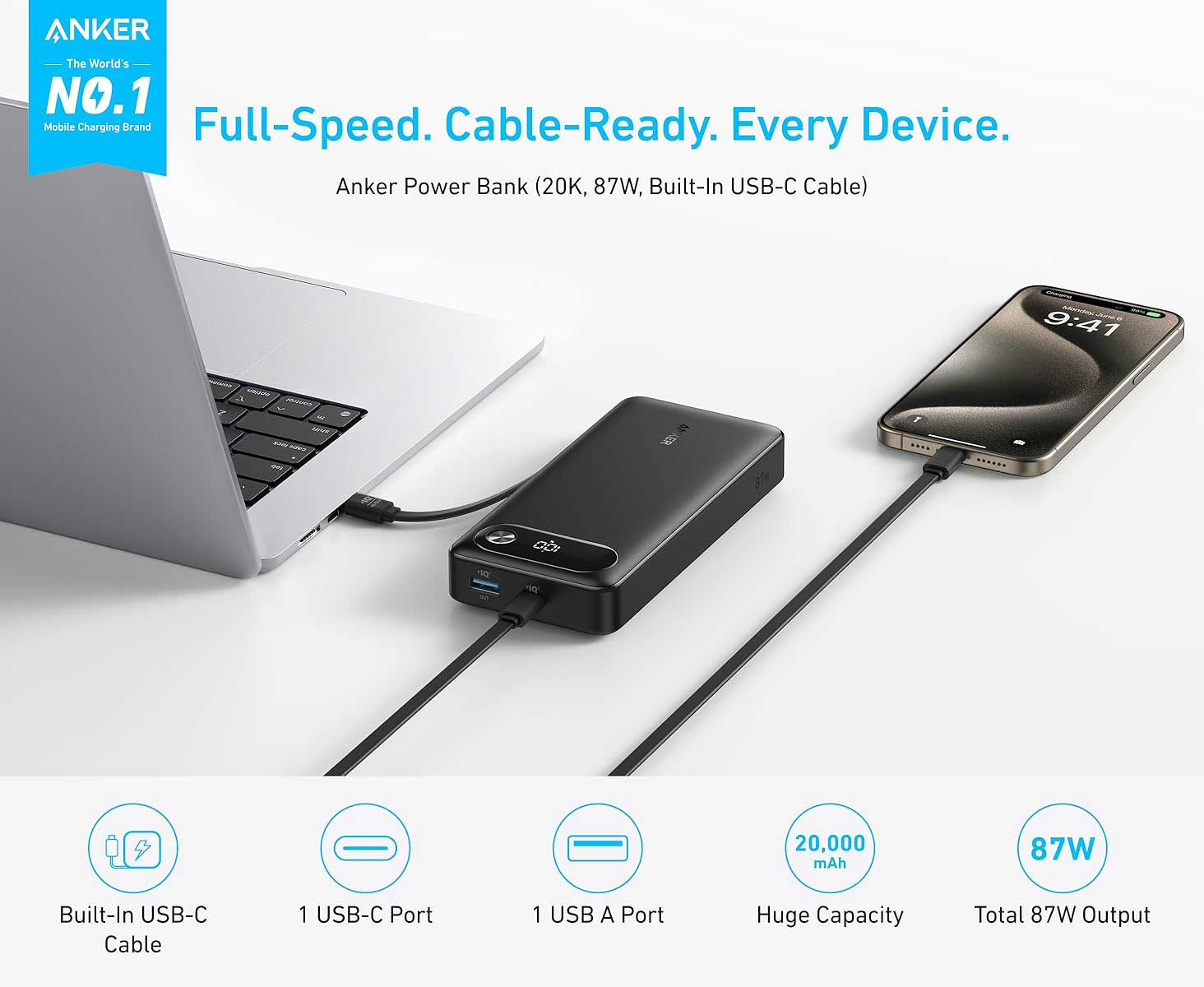 Anker Power Bank 20000mAh 87W Portable Charger with Built-in USB-C Cable A1383