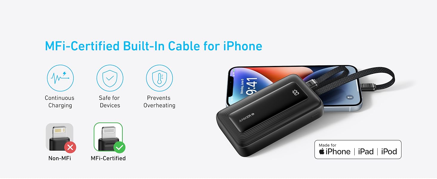 Anker Zolo Power Bank 10000mAh 30W with Built-in USB-C and Lightning Cables A1680