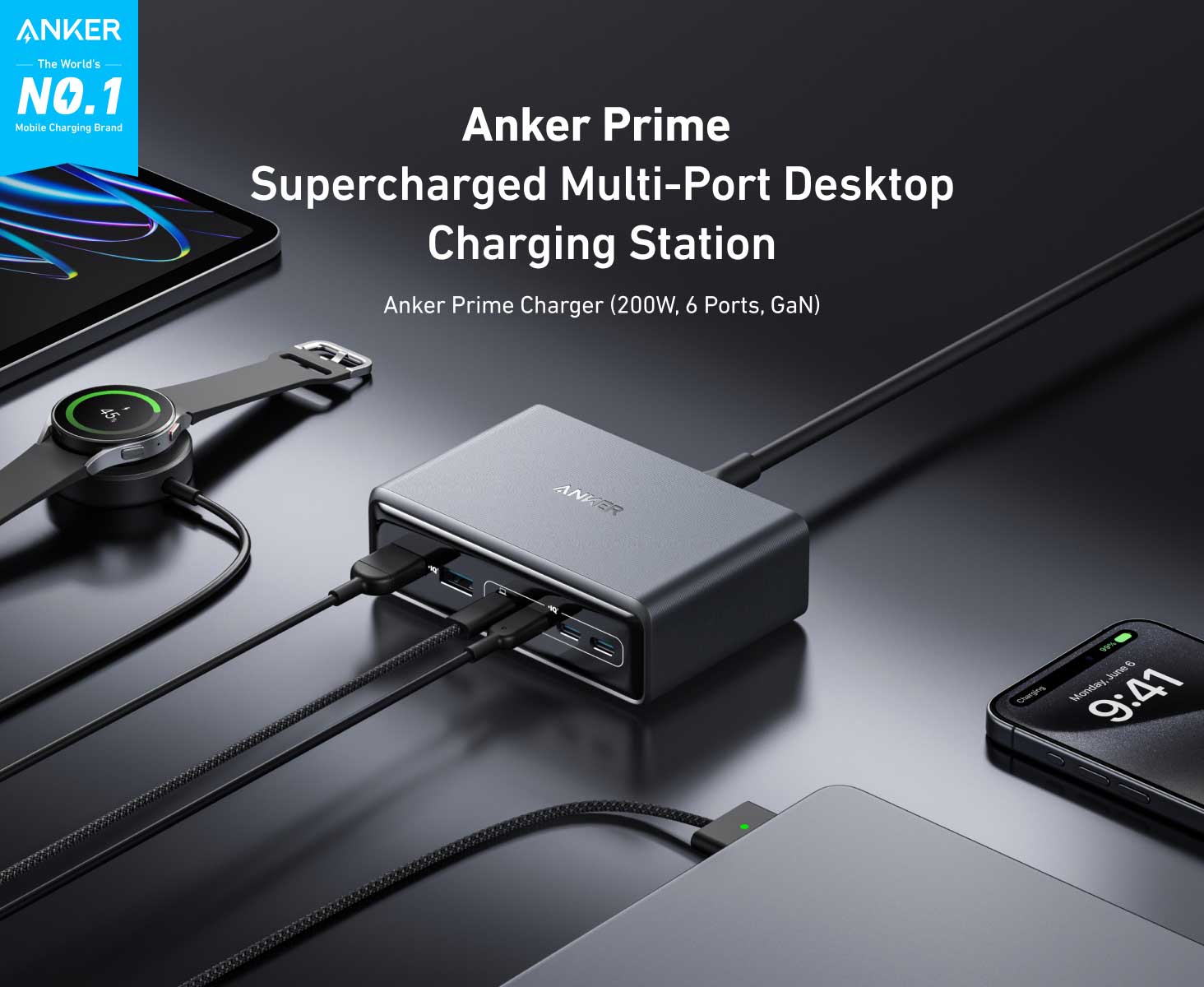 Anker Prime Charger, 200W 6-Port GaN Charging Station A2683