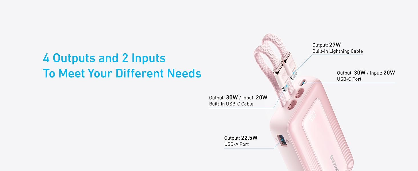 Anker Zolo Power Bank 10000mAh 30W with Built-in USB-C and Lightning Cables A1680