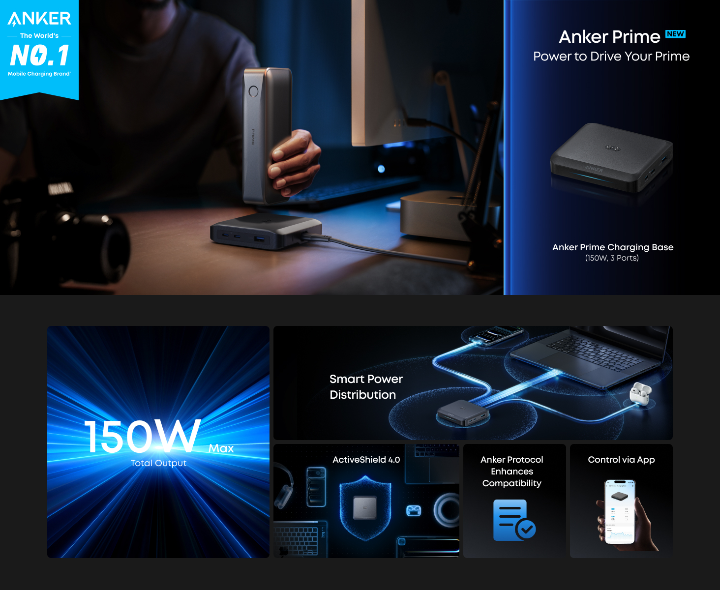 Anker Prime Charging Base 150W Fast Charging 3-Port Charger A1903